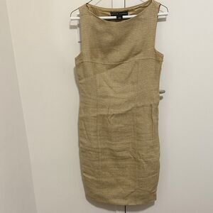 Ralph Lauren Black Label Beige Metallic Gold Linen Blend Shift Dress. Size 4.